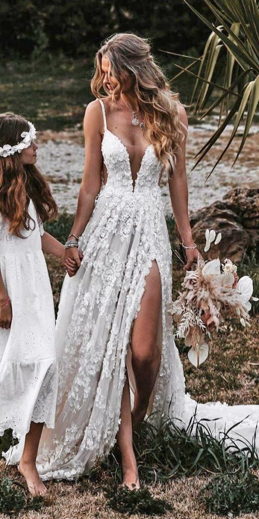 A-line V Neck Lace Prom Dress With Split cg16889