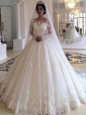 Ball Gown Tulle Applique Off-the-Shoulder Long Sleeves Sweep/Brush Train Wedding Dresses Prom Dress cg17019