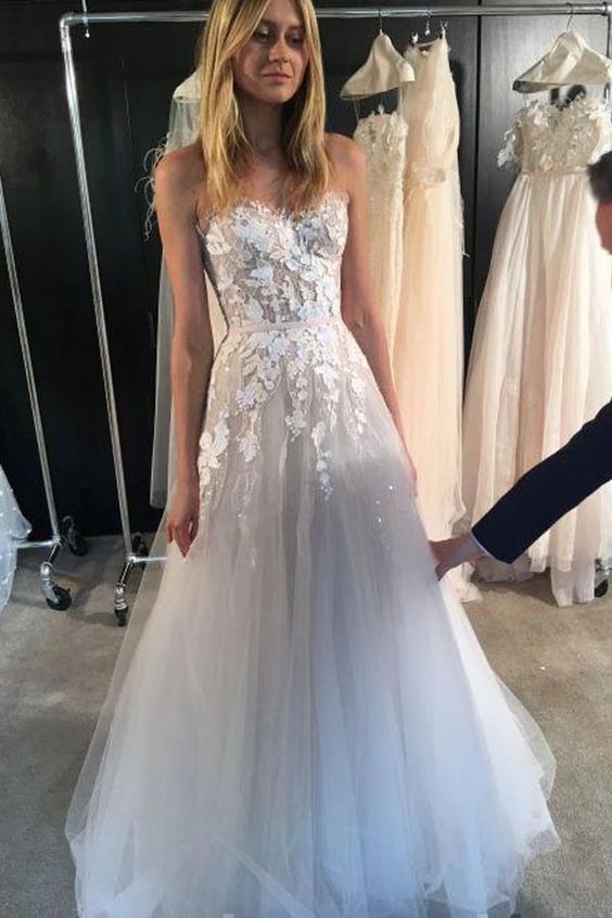 A-Line Long Prom Dresses Off the shoulder Strapless Sexy Tulle Wedding Dresses with Appliques,Sweetheart A line Bridal Gowns cg17122