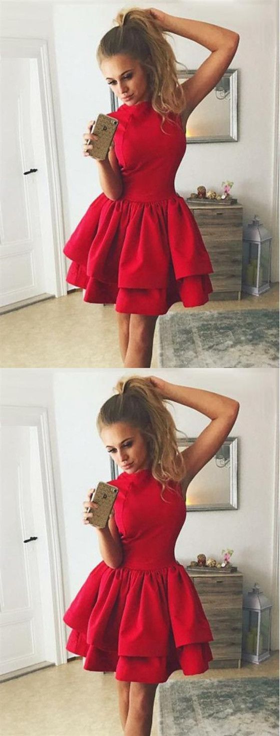 Burgundy High Neck Sleeveless Short A Line Tiered Homecoming Dresses cg1732