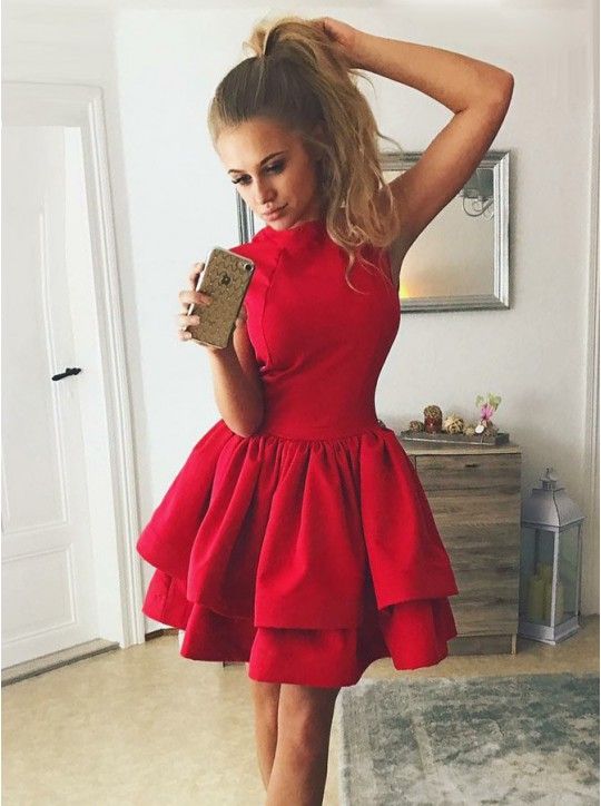 Burgundy High Neck Sleeveless Short A Line Tiered Homecoming Dresses cg1732