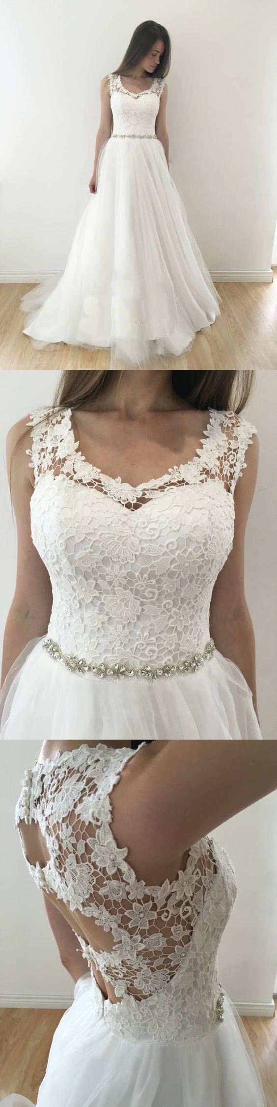 White Scoop Neckline Tulle Lace Prom Dress cg17350