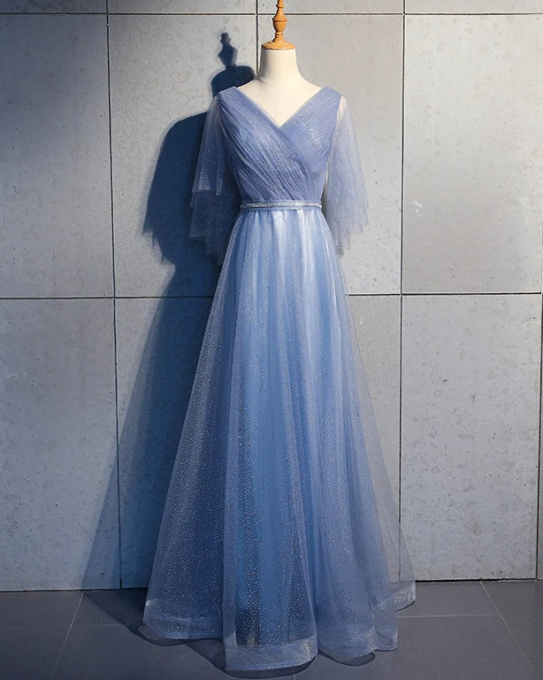 Tulle A-Line Short Sleeves Long Prom Dress, Tulle Bridesmaid Dress Party Dress cg17444