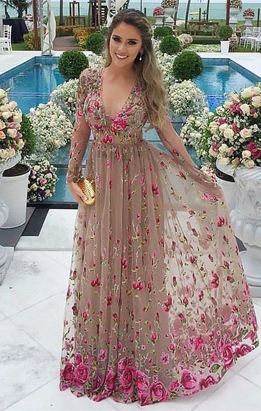 A-Line V-Neck Grey Tulle Prom Dress With Sleeves Appliques cg1774