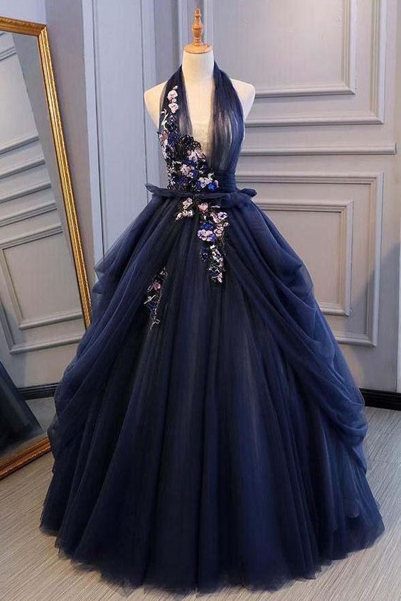 Ball Gown Blue Tulle Lace Long Prom Dresses Deep V Neck Backless Evening Dresses cg1820