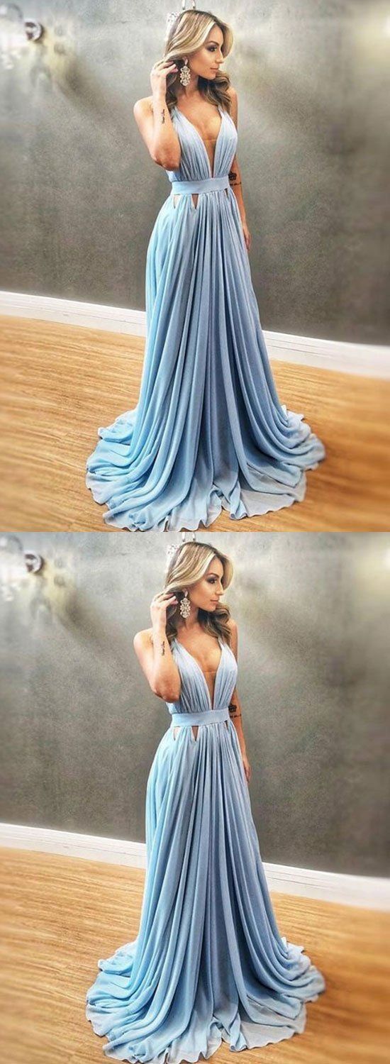 Simple blue chiffon v neck long prom dress, blue evening dress cg1825