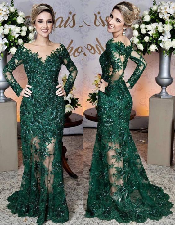 Long Sleeves Lace Mermaid Prom Dresses See Through Evening Gowns cg18283