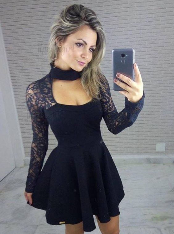 A-Line High Neck Lace Long Sleeves Little homecoming Dress cg1858