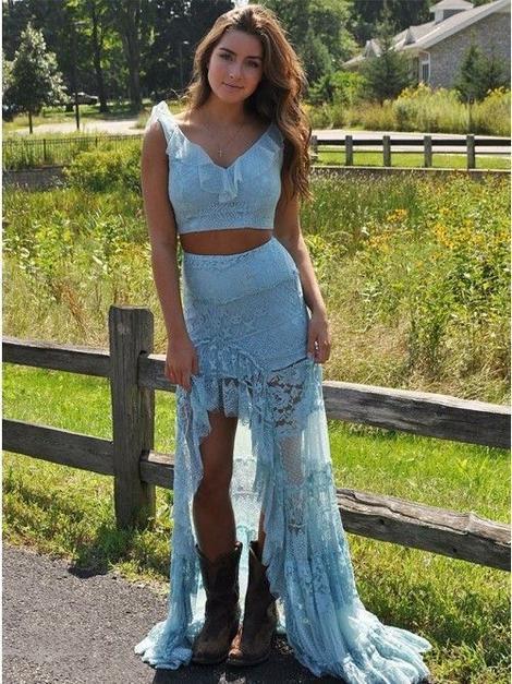 Two Piece V-Neck Light Blue Lace Prom Dress with Ruffles cg19100