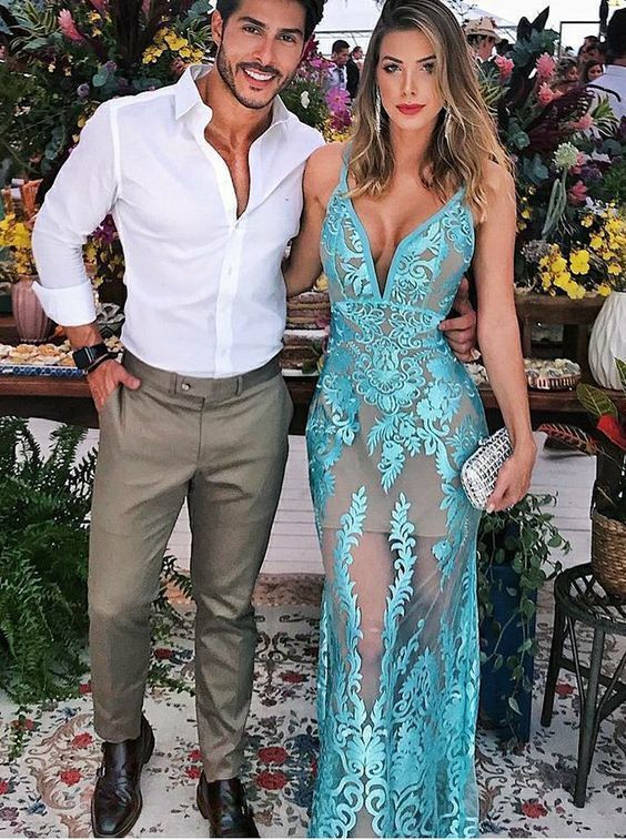 Sheath V-Neck Low-cut Turquoise Tulle Prom Dress with Appliques cg1934