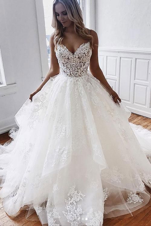 Spaghetti Straps Long Wedding Dresses with Appliques Lace Prom Dresses cg19678