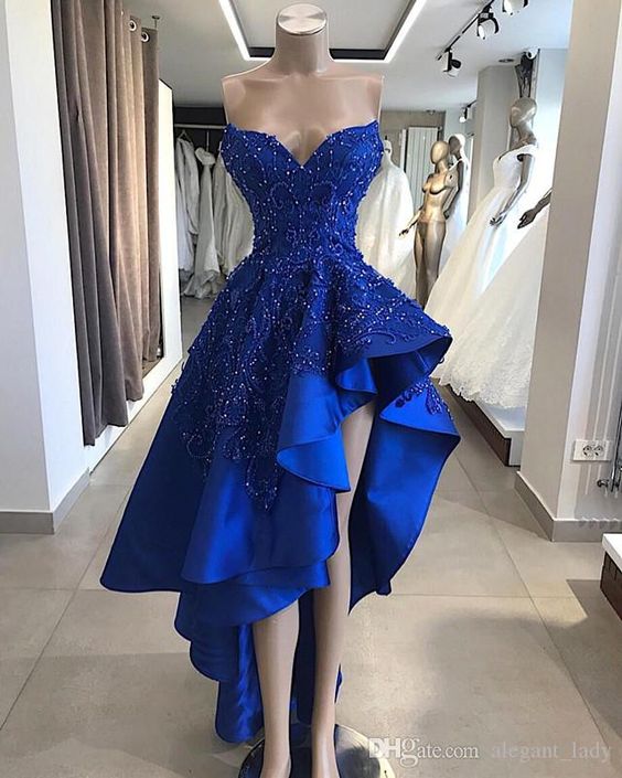 Royal Blue High Low Evening Party Dresses 2019 Sweetheart Beaded Lace Applique Ruffles Skirt Summer Occasion Prom Gowns cg1995