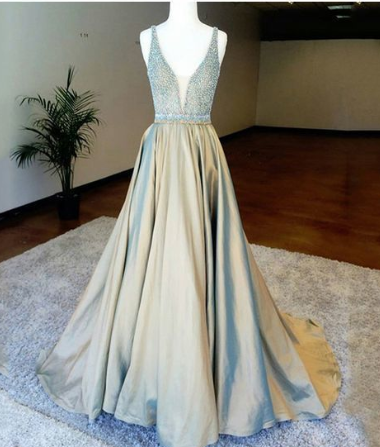 A-Line Deep V-Neck Floor-Length Light Champagne Prom Dress cg2039