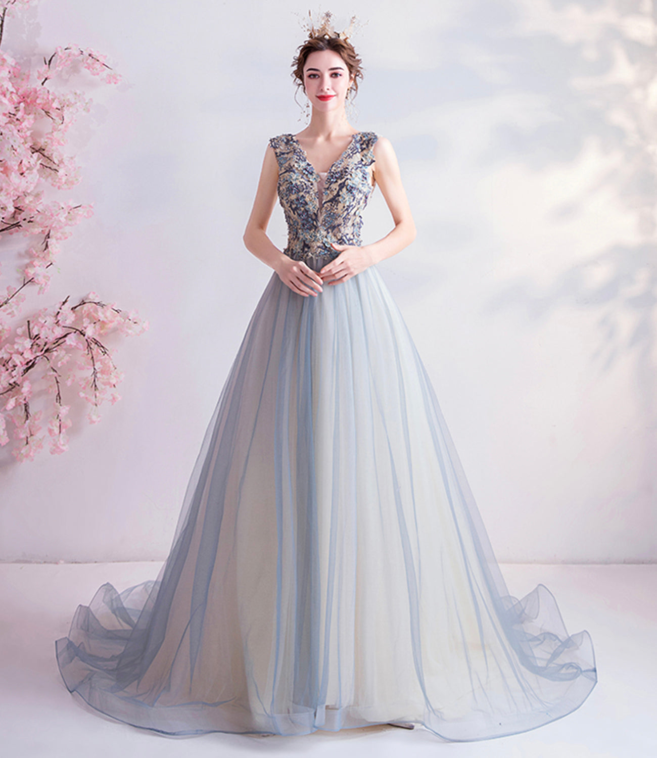 ELEGANT V NECK TULLE LONG A LINE PROM DRESS EVENING DRESS cg20489