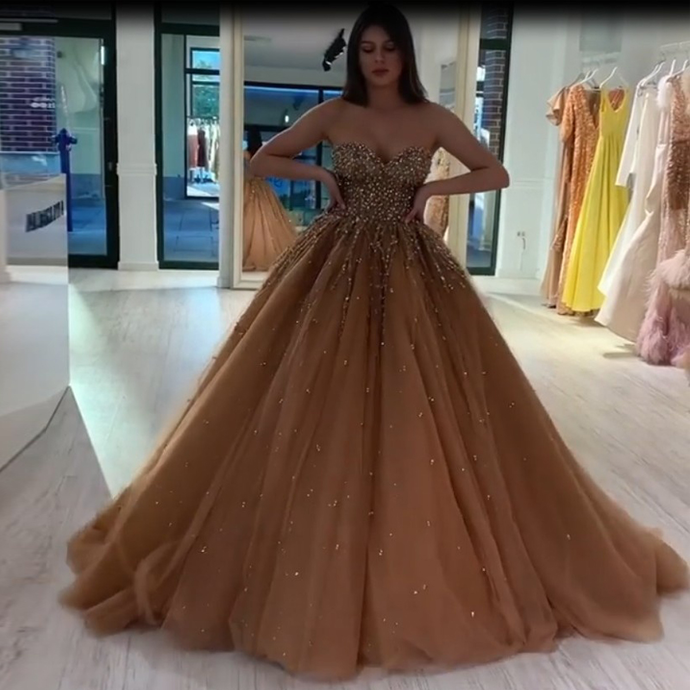 Stunning Dark Champagne Ball Gown Quinceanera Dresses Sweetheart Beading Sequined Pageant Gown Tulle Puffy Prom Dress cg20538