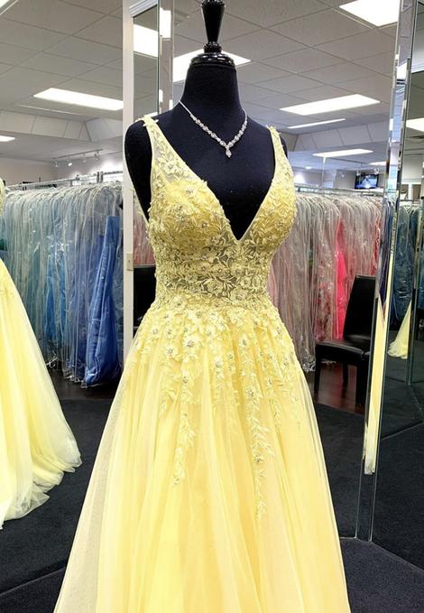 Yellow v neck tulle lace prom dress evening dress cg20553