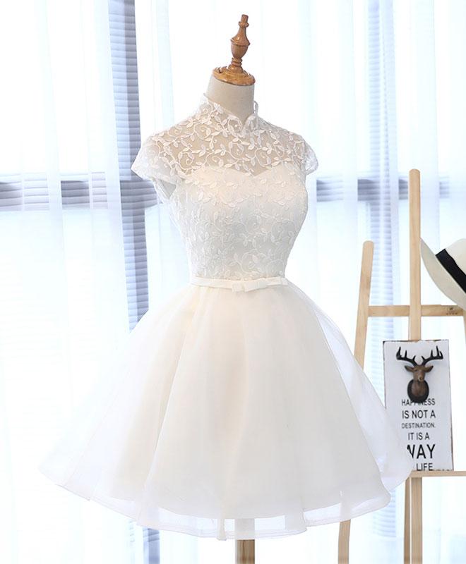 white lace short dress, white homecoming dress cg2056