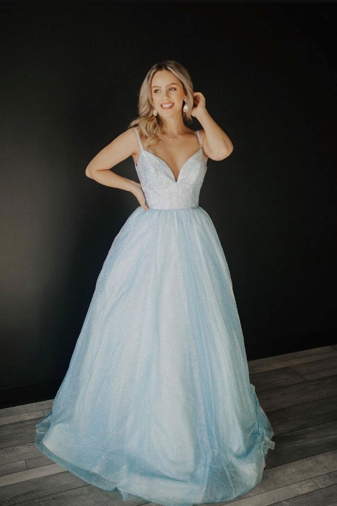 BLUE V NECK TULLE SEQUIN LONG PROM DRESS BLUE TULLE FORMAL DRESS cg20961