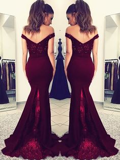 Charming Burgundy Off Shoulder Elastic Satin Long Mermaid Lace Prom Dresses cg21390