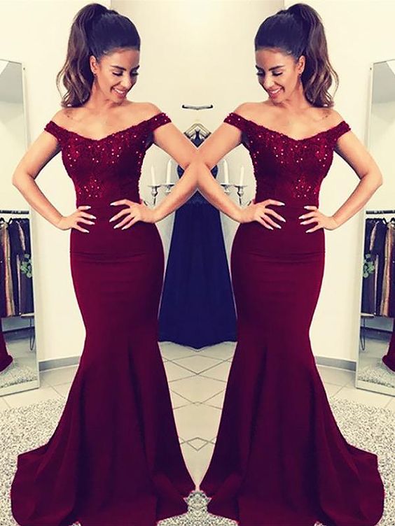 Charming Burgundy Off Shoulder Elastic Satin Long Mermaid Lace Prom Dresses cg21390