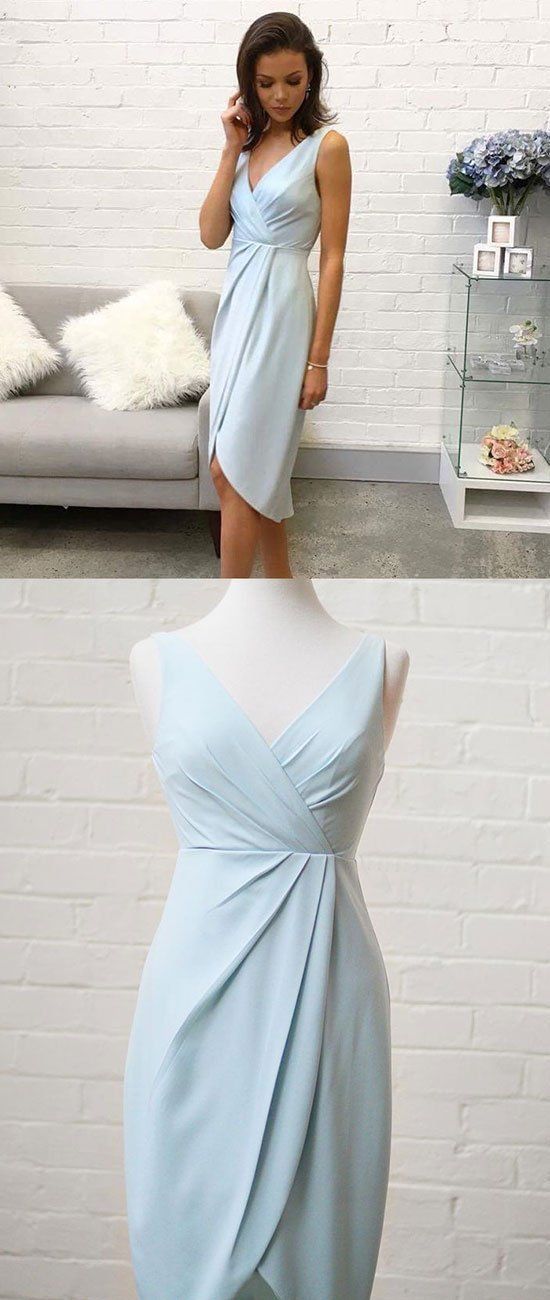 Simple v neck blue short dress, homecoming dress cg2157