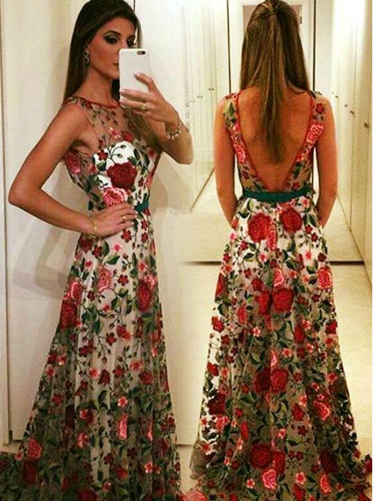 Elegant Flower Lace Prom Dresses Floor Length Black Evening Gowns cg21616