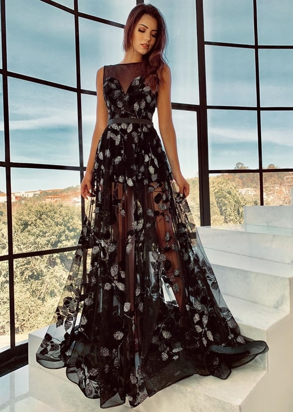 Elegant Flower Lace Prom Dresses Floor Length Black Evening Gowns cg21618