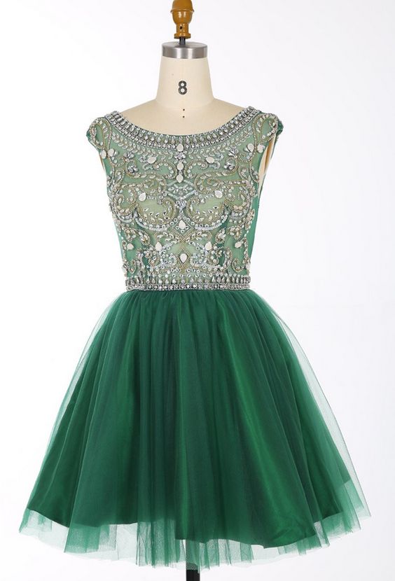 Green Beaded Embellished Round Neck Sleeveless Short Tulle Homecoming Dress cg2174