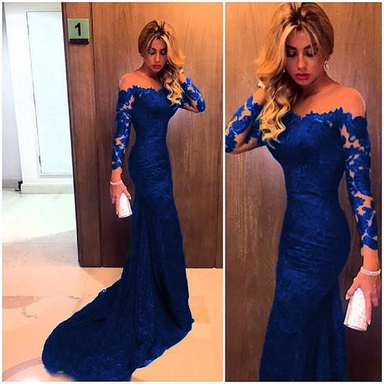 Sheer Neckline Long Sleeves Lace Prom Dresses Mermaid Evening Gowns cg21895