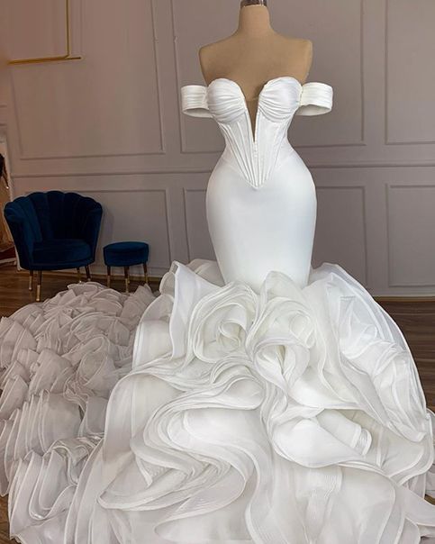Elegant Mermaid African Women Wedding Dresses 2021 Off The Shoulder Ruffles High Quality Satin Birdal White Wedding Gowns Prom Dresses cg22289