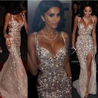 Sexy Spaghetti Strap V Neck Beades Sheath Front Slit Floor Length Prom Dresses cg22694