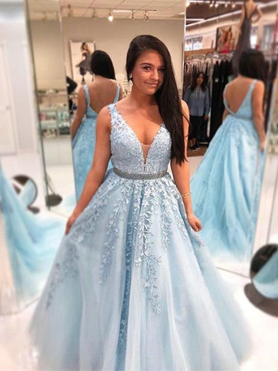 A Line V Neck Blue Lace Prom Dresses, Blue Lace Formal Dresses, Blue Lace Graduation Dresses cg22723