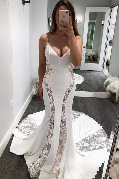 Spaghetti Straps See Through Mermaid V-neck Lace Prom Dresses cg22907