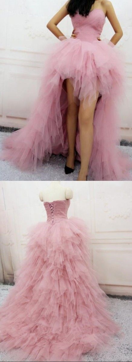 Strapless High Low Prom Dress, Sexy Tulle Ruffles Prom Dresses, Long Evening Dress cg23046