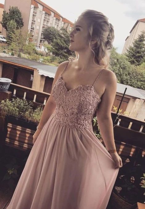 Spaghetti Straps Pink Appliques Prom Dress cg23608