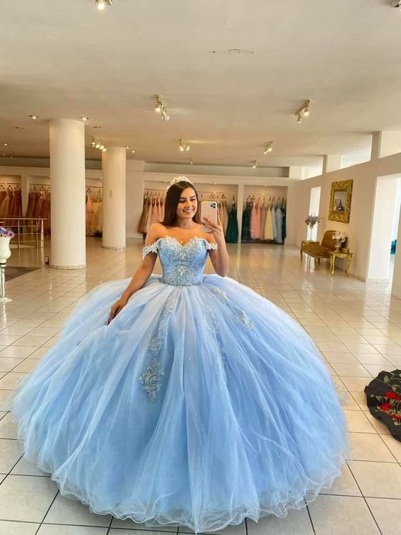 Stunning Prom Dresses Blue Lace Appliques Off Shoulder Tulle Wedding Dress Ball Gowns cg24550