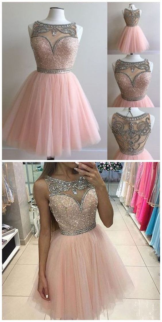 Pink homecoming dress, round neck homecoming dress, beading homecoming dress, short homecoming dress cg266