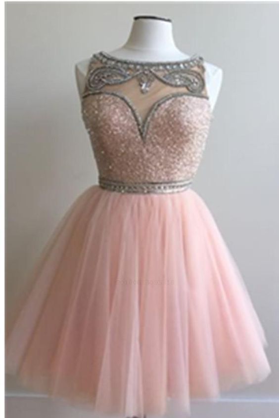 Pink homecoming dress, round neck homecoming dress, beading homecoming dress, short homecoming dress cg266