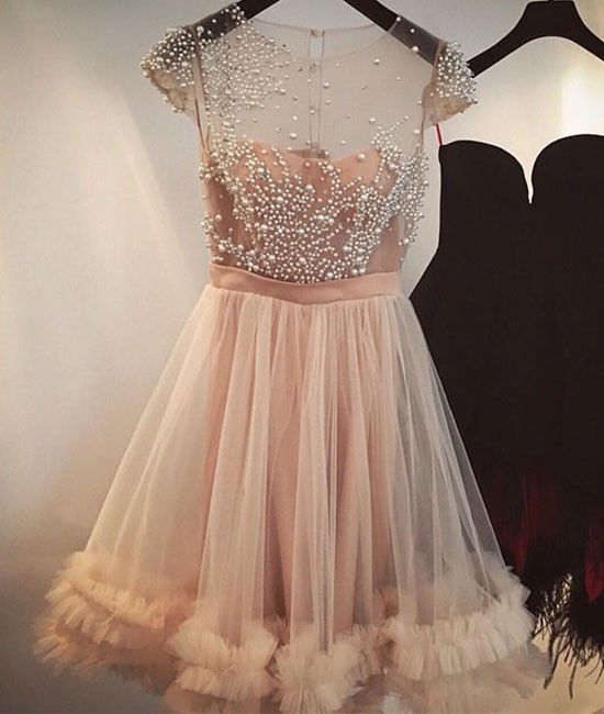 A-Line Jewel Light Champagne Short Homecoming Dress with Beading cg307