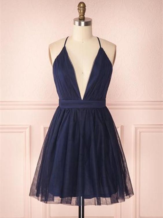 A-Line V-Neck Navy Blue Short Dresses Navy Blue Homecoming Dresses cg3122