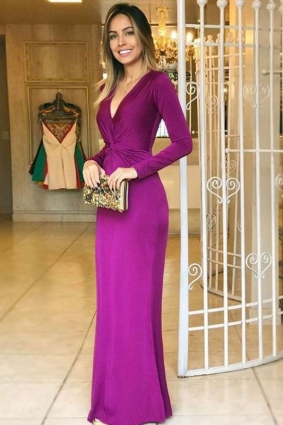 Mermaid Deep V-Neck Floor-Length Long Sleeves Grape Stretch Satin Prom Dress cg3235