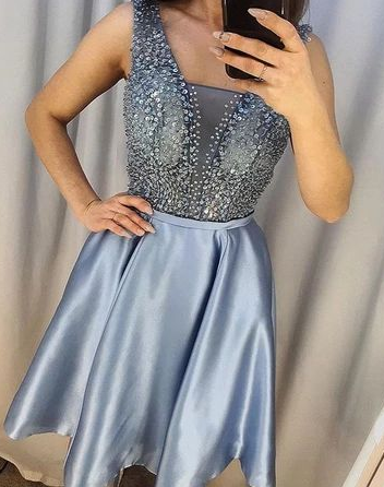 V-neck Beading Bodice Blue Homecoming Dress cg3522