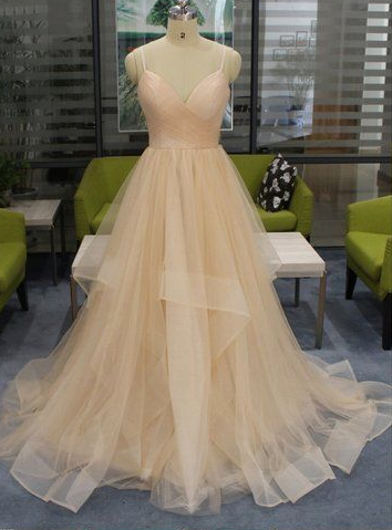 Champagne Tulle Spaghetti Long Open Back Ruffles Prom Dress cg3610