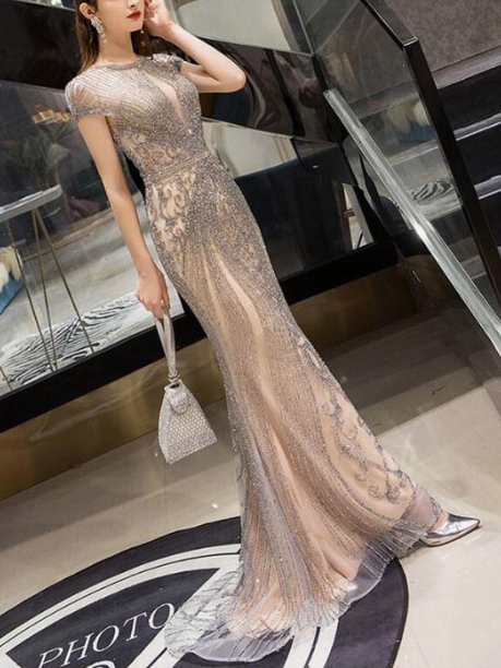Champagne Long Mermaid Prom Dresses with Full Beading vestido de fiesta cg3769