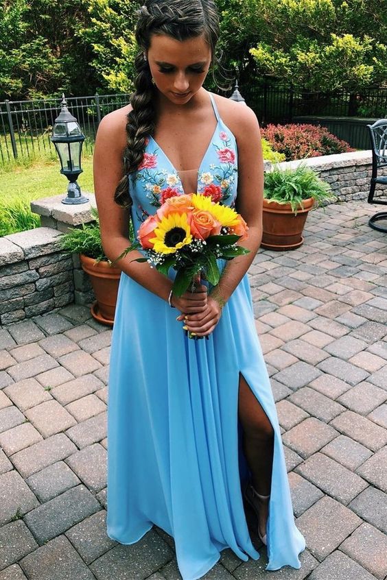 Halter Baby Blue Floral Long Prom Dress with Side Slit, Sexy Evening Party Dress cg3832
