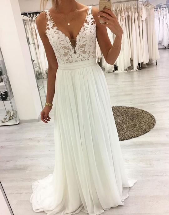White V neck Chiffon Long Prom Dress, Lace Evening Dress cg3933