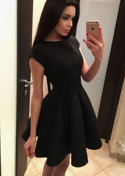 Black round neck short dress, homecoming dress cg3946