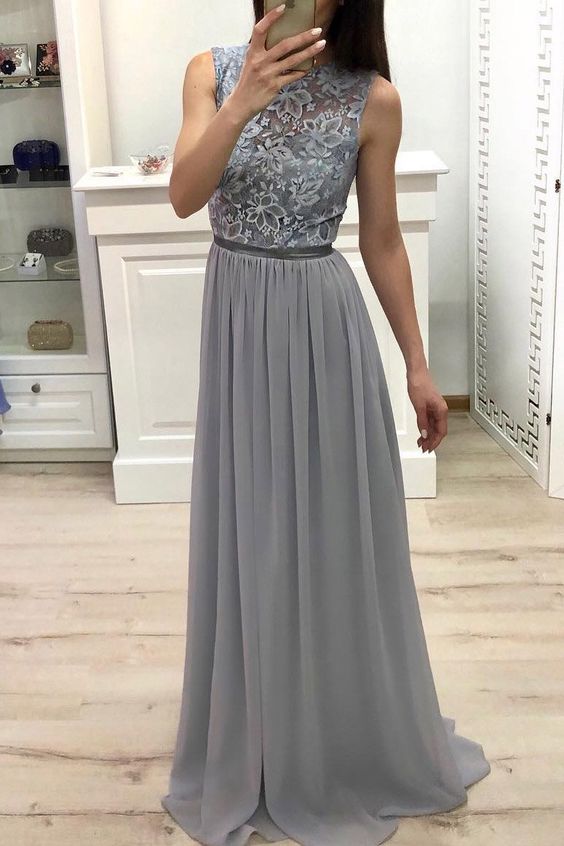 High Neck Chiffon Long Prom Dress Lace Top Grey Bridesmaid Dress cg4316