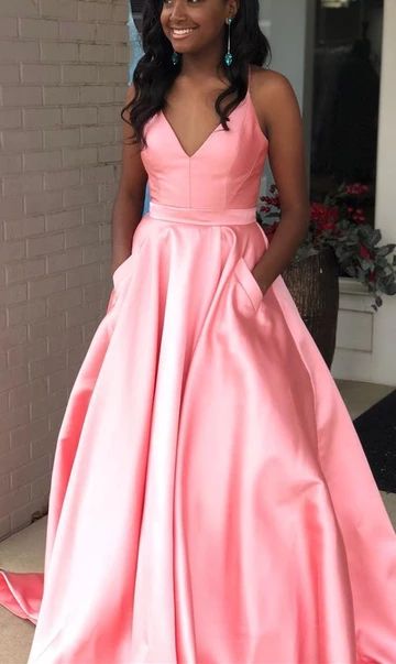 Gorgeous A-line V Neck Pink Long Prom Dress with Pockets cg4598
