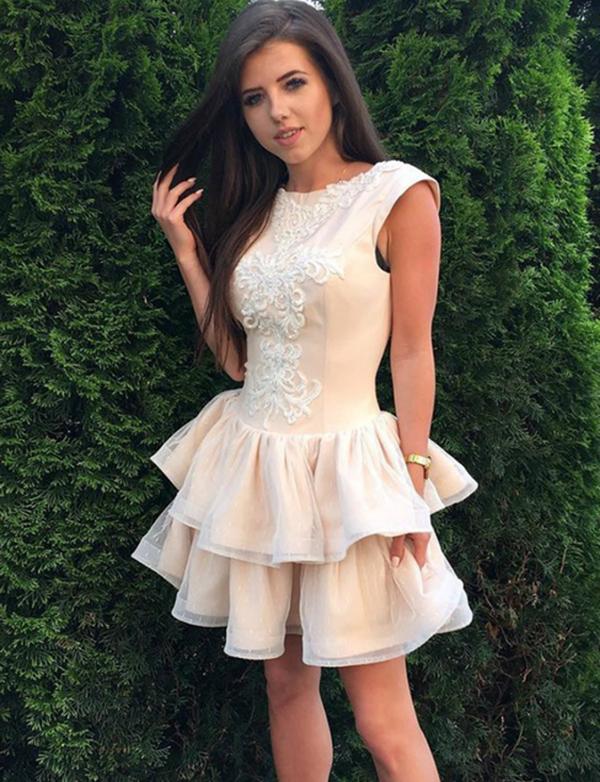 A-Line Jewel Short Champagne Satin Homecoming/Cocktail Dress With Applique cg539